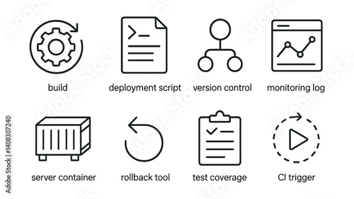 Line vector icons of DevOps flow: build icon, deployment script, version control, monitoring log, server container, rollback tool, test coverage, CI trigger.