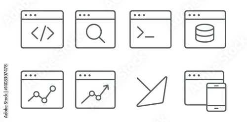 Set of coding, search, command, database, graph, analytics, chart, responsive design, mobile, icons.