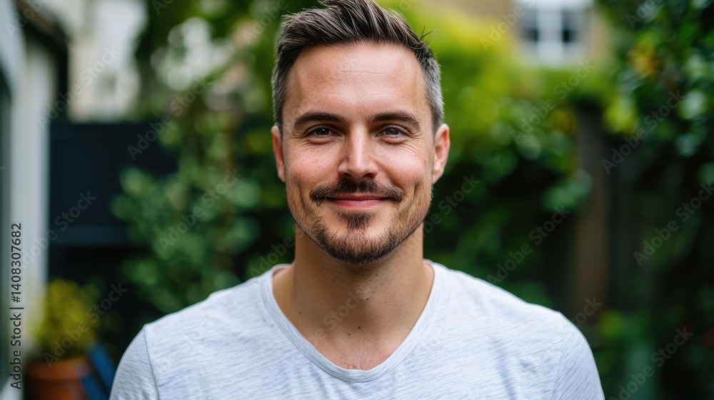 Smiling man in casual attire enjoying a sunny day outdoors with greenery in the background and a pleasant atmosphere Smiling man in casual attire enjoying a sunny day outdoors with greenery in the background and a pleasant atmosphere
