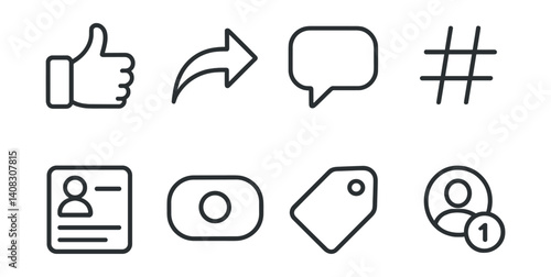 Line vector icons of social media: like icon, share arrow, comment bubble, hashtag symbol, profile feed, live badge, tag icon, follower counter.