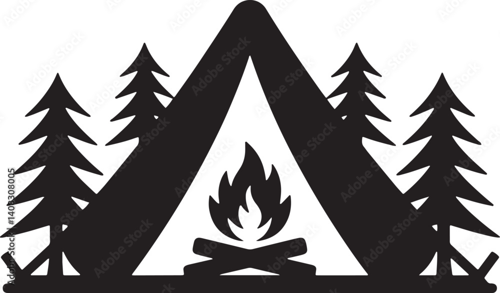 Obraz premium Camping Adventure Silhouette With Tent Bonfire And Pine Trees Graphic Design