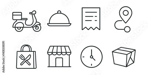Line vector icons of food delivery: delivery scooter, food tray, order receipt, location tracking, delivery bag, restaurant icon, estimated time, food box.