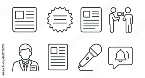 Line vector icons of news: newspaper icon, breaking news badge, article preview, live report, news anchor, news feed, mic icon, update alert.