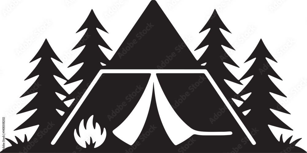 Obraz premium Camping Tent With Trees And Campfire Minimalist Vector Illustration Graphic