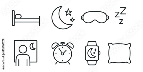 Set: bed, moon, mask, ZZZ, photo, clock, smartwatch, pillow.