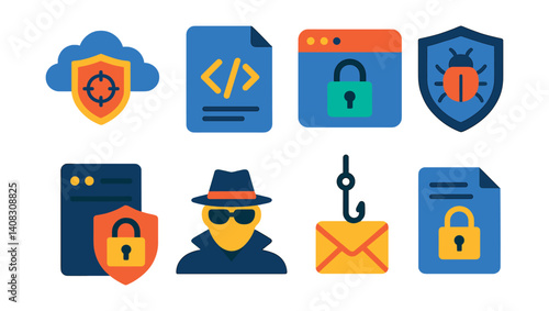 Set of icons: cloud security, code, webpage, malware, page lock, spy, phishing, document.