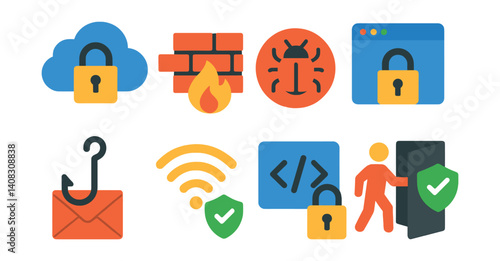 Set of icons: cloud lock, firewall, bug, browser lock, phishing, Wi-Fi, code lock, access.