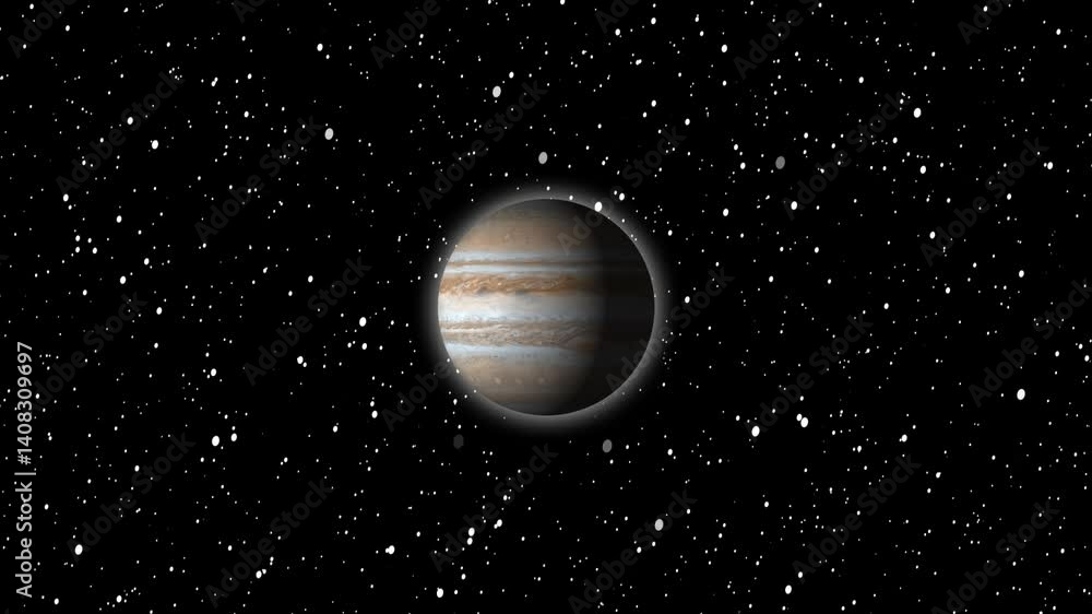 Slowly moving around planet Jupiter, orbited by three of its moons, with a warping Jupiter surface depicting the turbulent storms and a spinning Great Red Spot Slowly moving around planet Jupiter, orbited by three of its moons, with a warping Jupiter surface depicting the turbulent storms and a spinning Great Red Spot