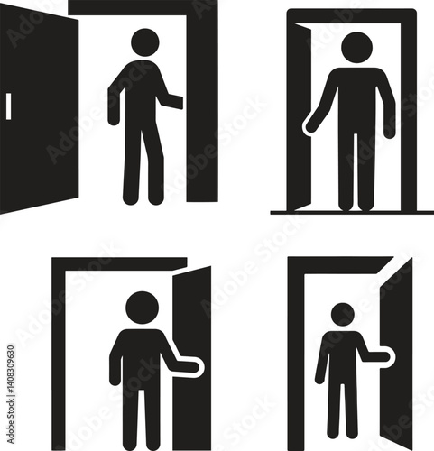 A collections of silhouette design People entering or exiting through doors vector icon illustrations
