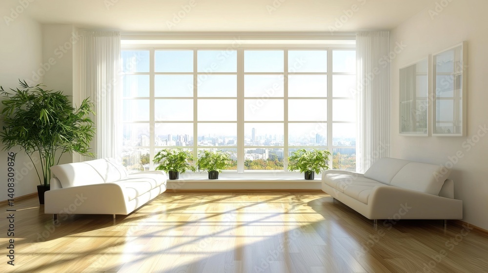 Bright and airy living room with large windows overlooking the city skyline during daytime Bright and airy living room with large windows overlooking the city skyline during daytime
