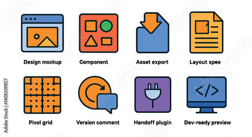 Set of eight icons: design mockup, component, asset export, layout spec, pixel grid.
