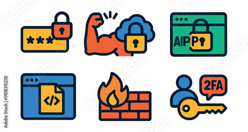Set of security icons: password lock, cloud, data protection, coding, firewall, 2FA.