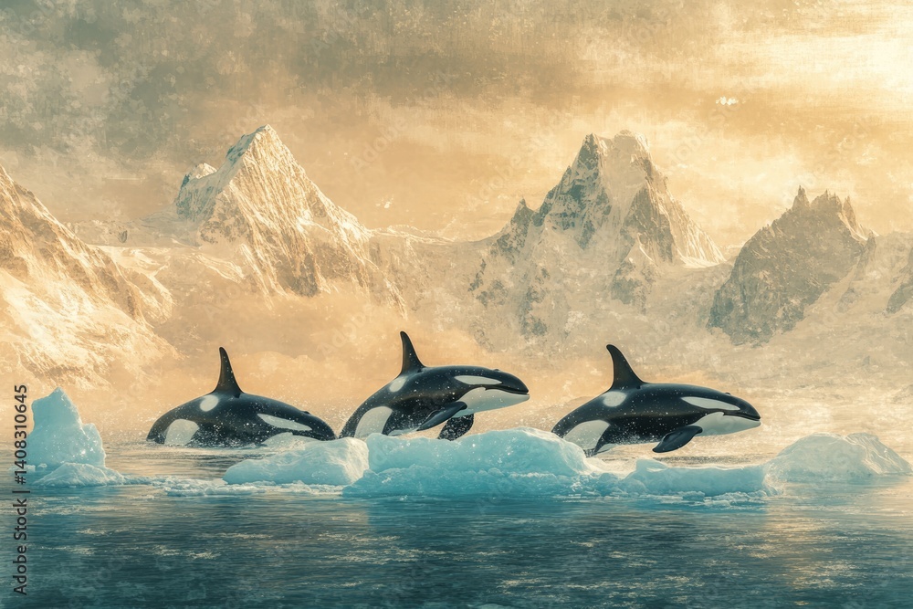 Fototapeta premium Three orcas leap playfully over icy waters, majestic mountains forming a breathtaking backdrop.