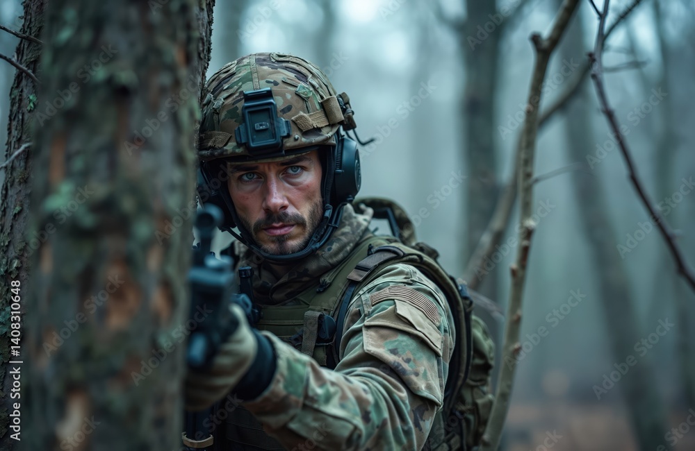 Soldier in camouflage uniform, forest background. Armed man holds rifle, prepares for combat. Forest ambush military operation, war, conflict, special forces, modern warfare, military tech. Soldier in camouflage uniform, forest background. Armed man holds rifle, prepares for combat. Forest ambush military operation, war, conflict, special forces, modern warfare, military tech.
