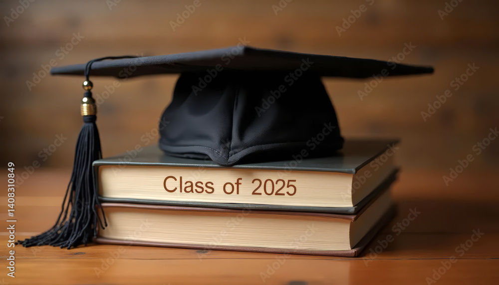  Graduation cap on stack of books with the inscription Class of 2025. Academic success and educational milestone.
