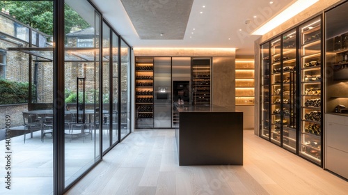 Modern wine cellar with glass walls showcasing elegant design and organized shelves at dusk