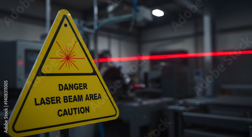 Danger Laser Beam Area Caution Sign With Visible Red Beam In Industrial Setting