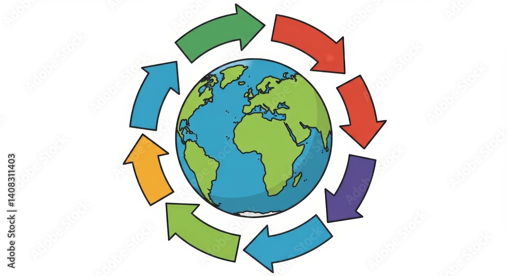 Globe with recycling arrows in a colorful illustration Globe with recycling arrows in a colorful illustration