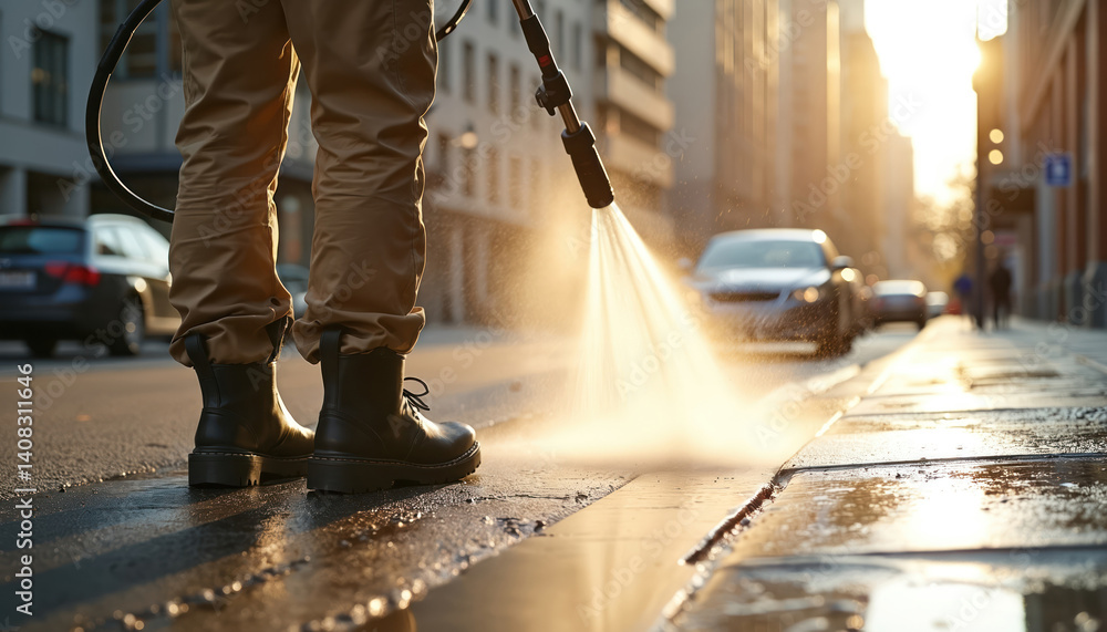 Obraz premium Man cleaning sidewalk in early morning sun. Pro uses high pressure washer, removing dirt, grime. City street maintenance, cleanliness. Urban worker, service, municipal works, job, city life.