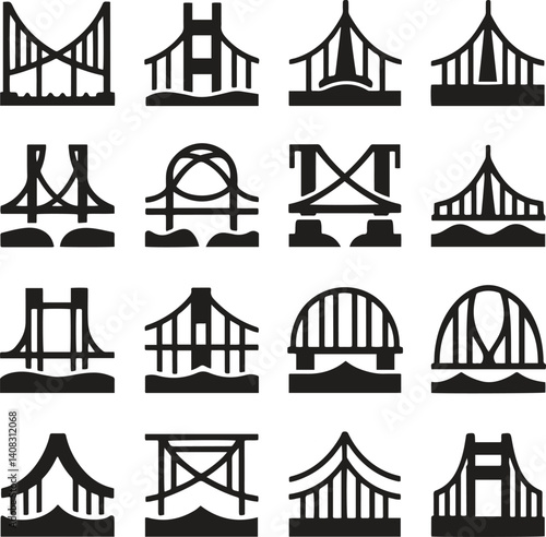 Collection of Bridge Icons in Silhouette Style Vector Illustrations