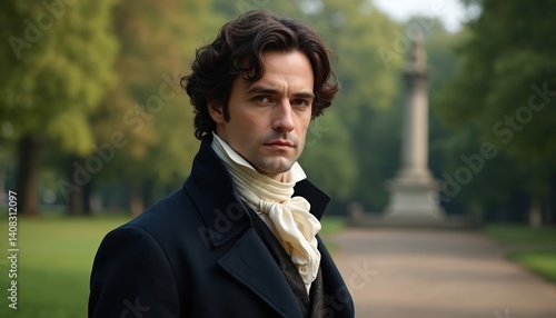 Portrait of elegant gentleman in period clothing. Handsome man with dark curly hair, confident gaze. Dressed in coat with cravat, embodying historical romance. Ideal book cover, movie poster, drama