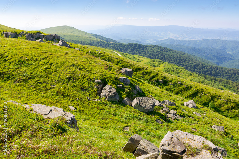 white sharp stones on the hillside. lovely carpathian mountain landscape in summer. huge rocks scattered among alpine grass. stunning terrain of smooth mountain. heavy sandstone on the meadow