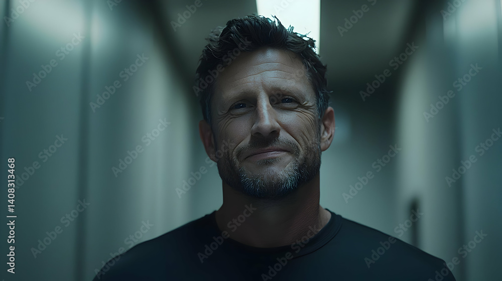 Smiling Man Portrait in Dimly Lit Hallway with Dark Clothing and Neutral Background Smiling Man Portrait in Dimly Lit Hallway with Dark Clothing and Neutral Background