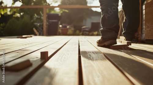 Carpenter constructing a wooden deck in a backyard. Featuring craftsmanship and detail