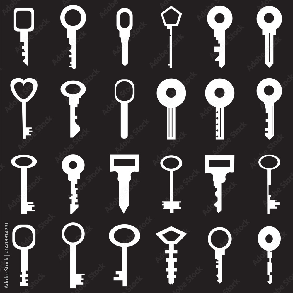 Key icon symbol flat and line style set. Door or house key to unlock lock collection. Security system concept represented by outline and silhouette key sign group Key icon symbol flat and line style set. Door or house key to unlock lock collection. Security system concept represented by outline and silhouette key sign group