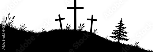 Silhouette of three crosses on a hill for religious or Easter design.
