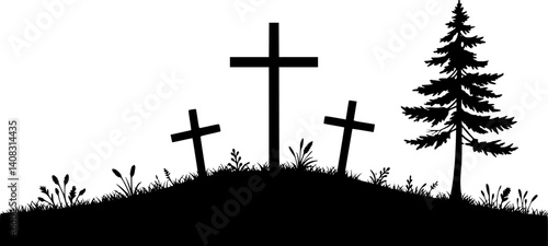 Silhouette of three crosses on a hill for religious or Easter design.
