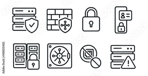 Set of eight icons: server, firewall, lock, profile lock, database lock, vault, access denied.