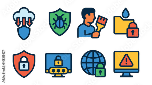 Set of eight icons: cloud, shield, person, lock, computer, globe, warning.