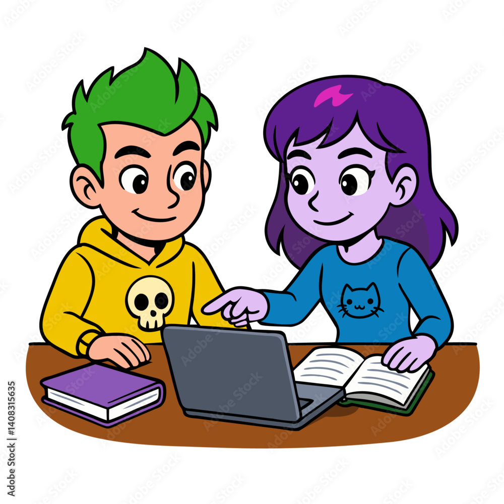Vector boy and girl Cartoon Friends Studying Together Vector boy and girl Cartoon Friends Studying Together