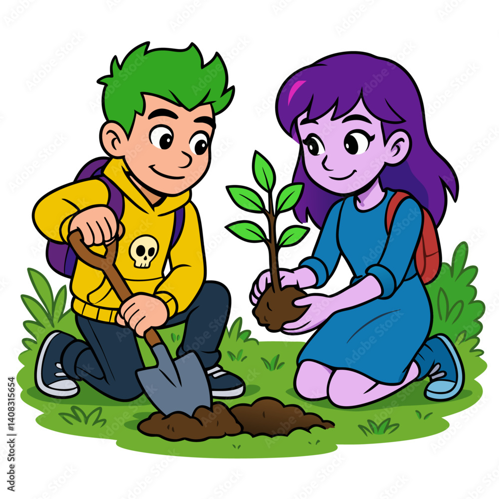Vector boy and girl anime characters friends planting a tree Vector boy and girl anime characters friends planting a tree