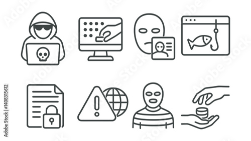 Line style icons of cybercrime: hacker laptop, digital theft, identity fraud, online scam, ransomware demand, breach alert, criminal icon, illegal activity.