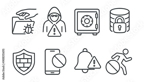 Line vector icons of antivirus features: shield icon, malware alert, scan progress, quarantine zone, update database, protection badge, firewall icon, virus list.