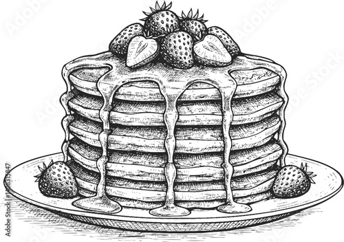 Hand-drawn illustration of pancakes with strawberries and syrup on a plate.
