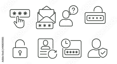 Line style icons of password recovery: forgot password link, email verification, security question, code input, unlock icon, reset form, temporary access, identity check.