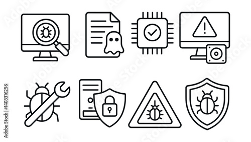 Line style icons of rootkit protection: system scan, hidden process, kernel check, bootloader alert, removal tool, secure boot, detection alert