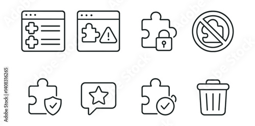 Line style icons of browser plugin security: extension list, permission alert, secure add-on, plugin blocker, safe plugin, review icon, signed plugin, uninstall option.