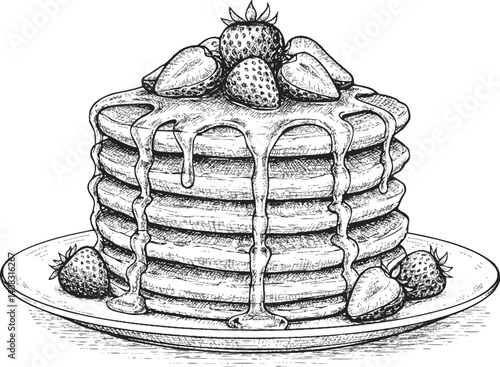 Hand-drawn illustration of pancakes with strawberries and syrup on a plate.
