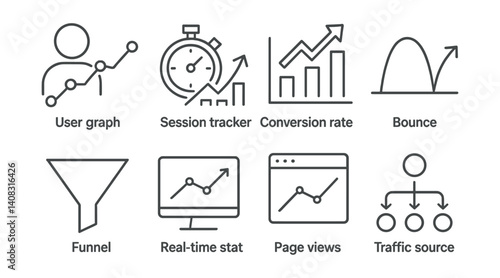 Set of icons: user graph, session tracker, conversion rate, bounce, funnel, real-time stat.