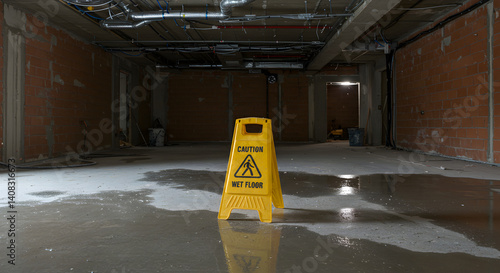 Cautionary Sign In Dilapidated Interior Of Abandoned Building In Disrepair