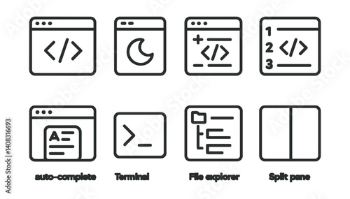 Set of coding icons: code, moon, code plus, numbered, text, terminal, file, split pane.