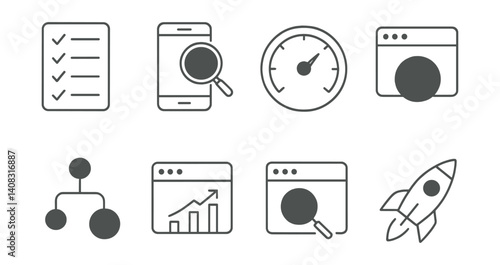 Line vector icons of pre-launch checklist: checklist icon, mobile test, performance test, cross-browser check, final commit, analytics setup, SEO check, deployment ready, rocket