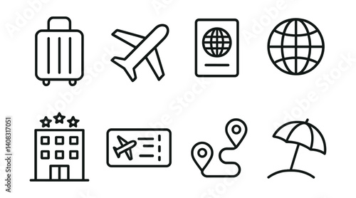 Set of travel-related icons: suitcase, airplane, passport, globe, hotel, ticket, route, umbrella.