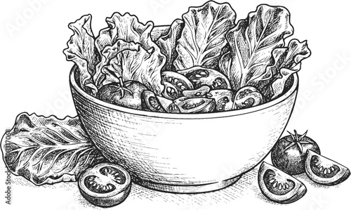 Black and white sketch of a salad bowl with various vegetables.
