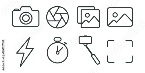 Line vector icons of camera and photography: camera icon, aperture symbol, photo gallery, landscape frame, flash icon, timer, selfie stick, focus square.