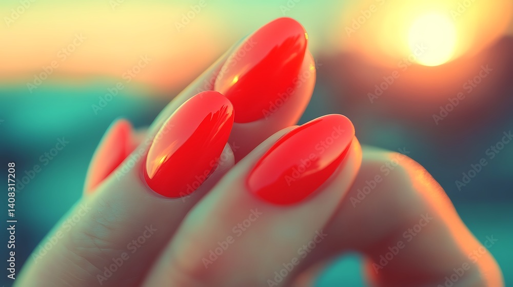 Close-up view of meticulously manicured, vibrant coral nails. Close-up view of meticulously manicured, vibrant coral nails.